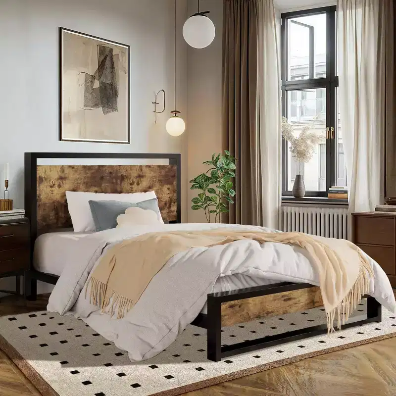 Metal Bed Frame with Rustic Headboard & Footboard - No Box Spring Needed, 8.6