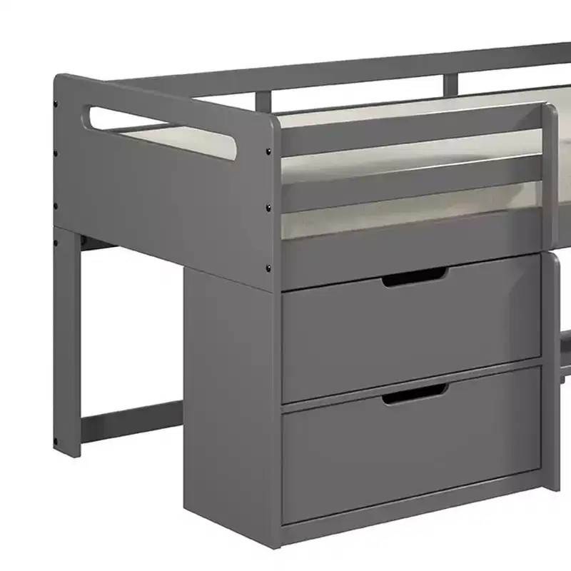 Twin Loft Bed with Under-Bed Drawer, Bookshelf & Fixed Ladder, Gray Finish, 77