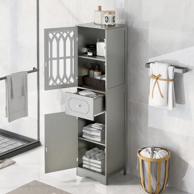 Grey/Green/White/Black Freestanding Tall Storage Cabinet with Lattice Door, Drawer & Adjustable Shelf