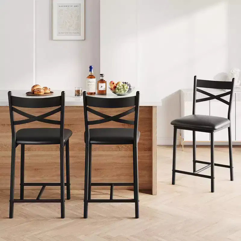 Set of 6 Counter Height Dining Bar Stools 26 Metal Frame Chairs with Ergonomic Straight Back, Thick PU Leather Upholstered Waterproof Cushions