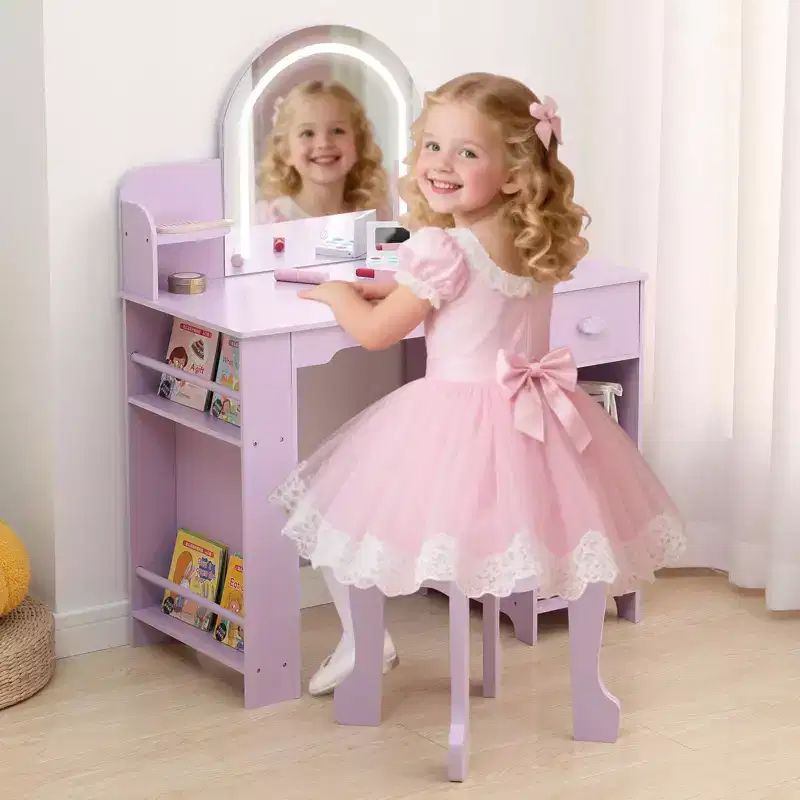 GustoWave Kids Vanity with Mirror & Stool, Bookshelf, Storage Drawer & Shelves for Girls 3-9, Purple