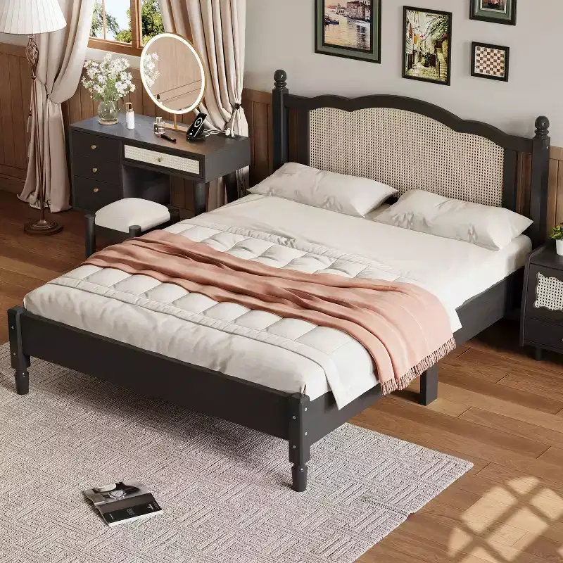 Queen Size Wooden Platform Bed with Natural Rattan Headboard Vintage Bed Frame with Wooden Slat Black