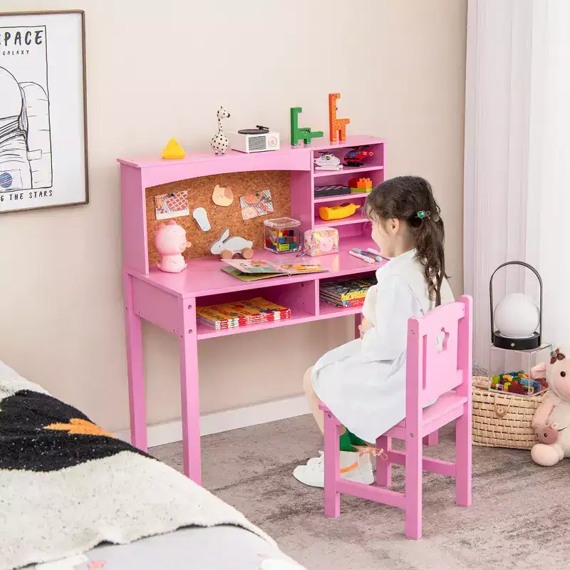 Costway Kids Desk and Chair Set Study Writing Workstation with Hutch & Bulletin Board