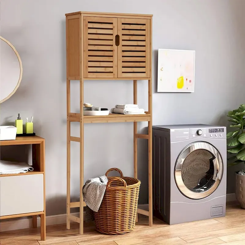 Kinbor Bamboo Over-The-Toilet Organizer Cabinet, Bathroom Storage Shelf with Doors and Shelves Freestanding Space Saver