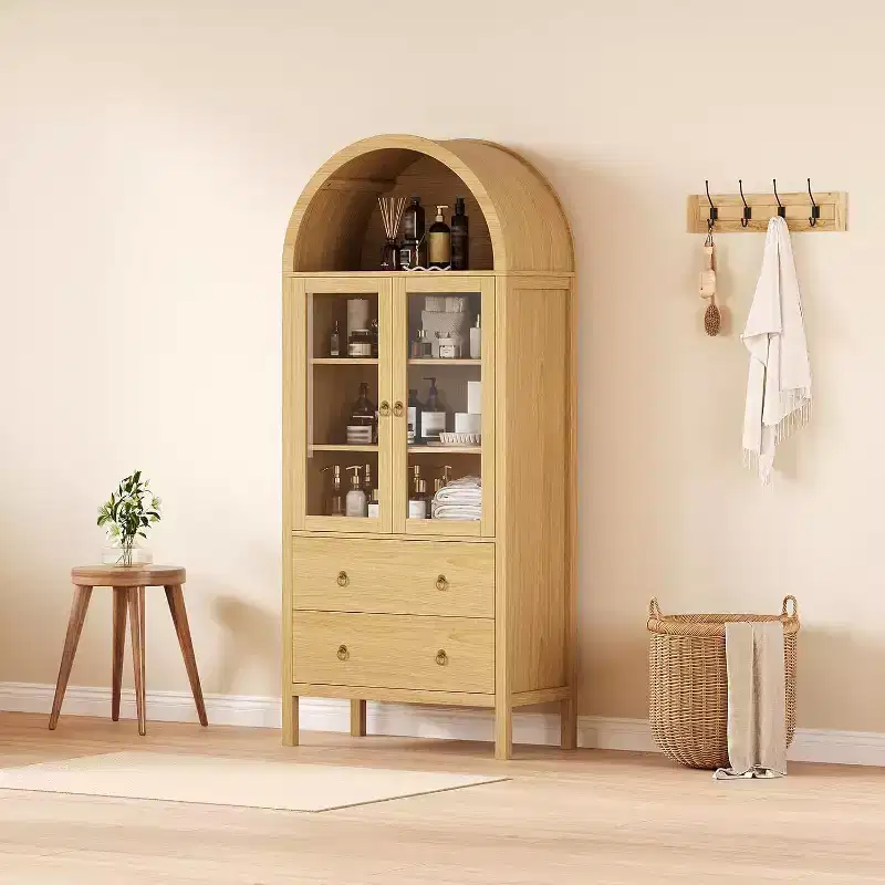 Arched Pantry Cabinet, Farmhouse Display with Glass Doors & 2 Drawers, Adjustable Shelves for Kitchen, Dining Room & Bathroom