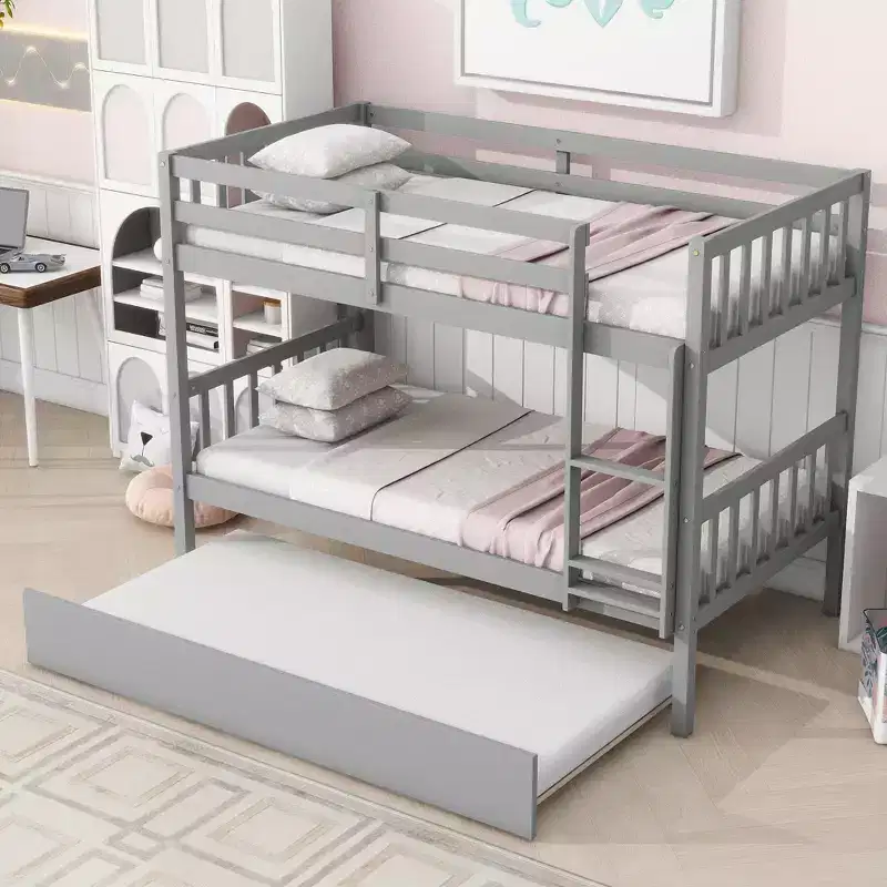 Twin Over Twin Bunk Bed with Pull-Out Trundle, Solid Rubberwood, Converts to Two Twin Beds, Ladder & Guardrails, Space-Saving Design