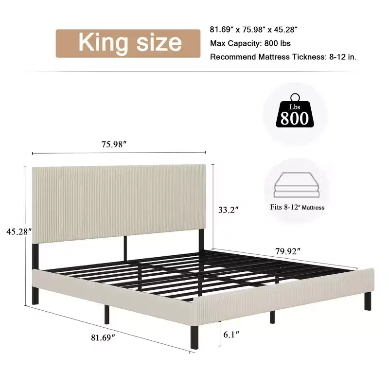 King Size Metal Platform Bed with Headboard, Bandaged Platform Bed Frame ,Antique Beige