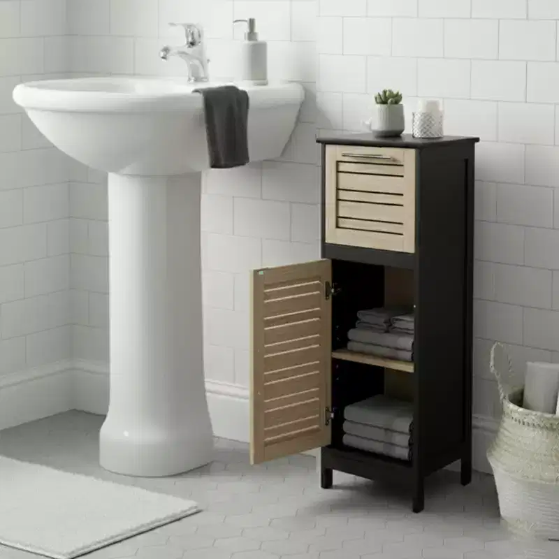 Evideco French Home Goods Compact Bathroom Storage Cabinet with Drawer and Vented Door, Black and Brown - Bergen Collection