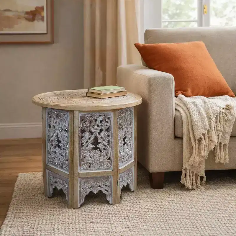 Royal Hampton 24 Inch Accent Side Table with Mango Wood Round Top and Floral Cut-Out Carved Motifs