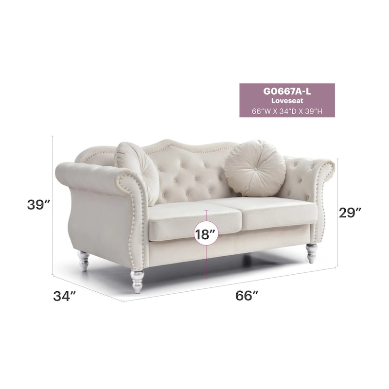 Hollywood 68 in. Velvet Chesterfield Loveseat with 2-Throw Pillow - 68L x 35W x 34H