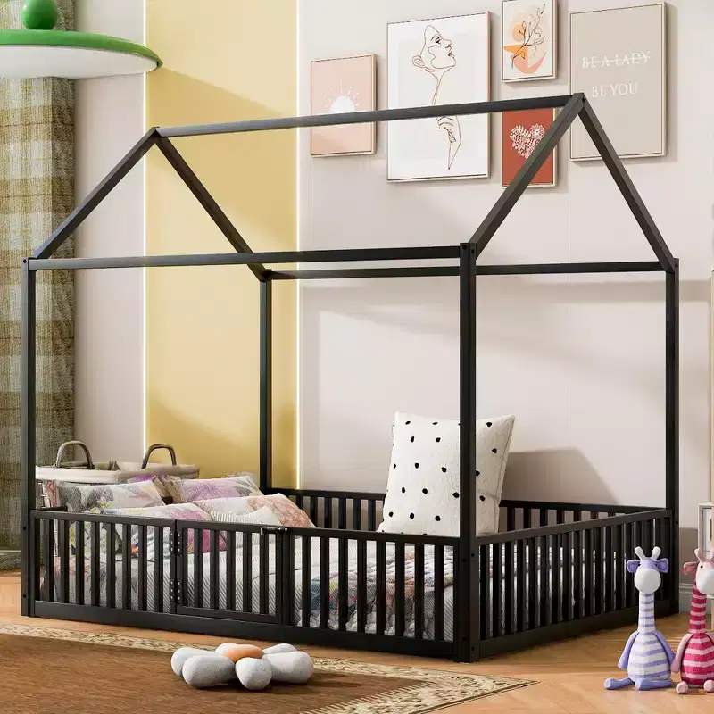 Elegant Design Metal Frame House Bed with Fence & Door