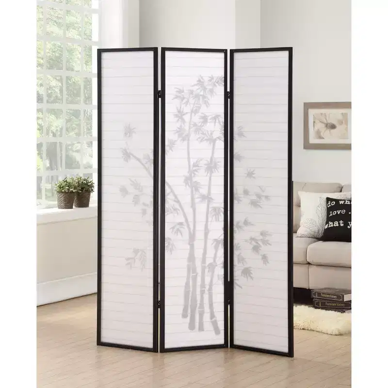 3 Panel Privacy Room Divider Bamboo Parttern Wood Paper Black 54x71