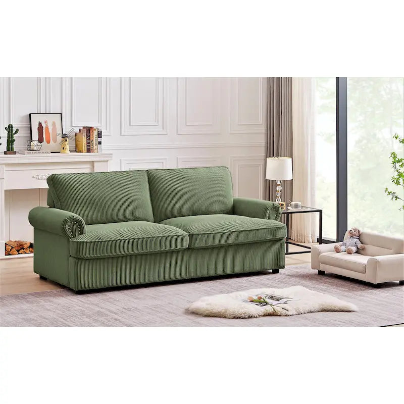 76-Inch Corduroy Sofa Bed with Round Arms and Pull-Out Queen Mattress