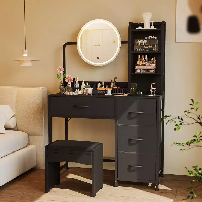 35 Makeup Vanity Desk with Mirror and Lights, Small Dressing Table with 4 Fabric Drawers & Open Shelves, Makeup Vanity Table for Bedroom