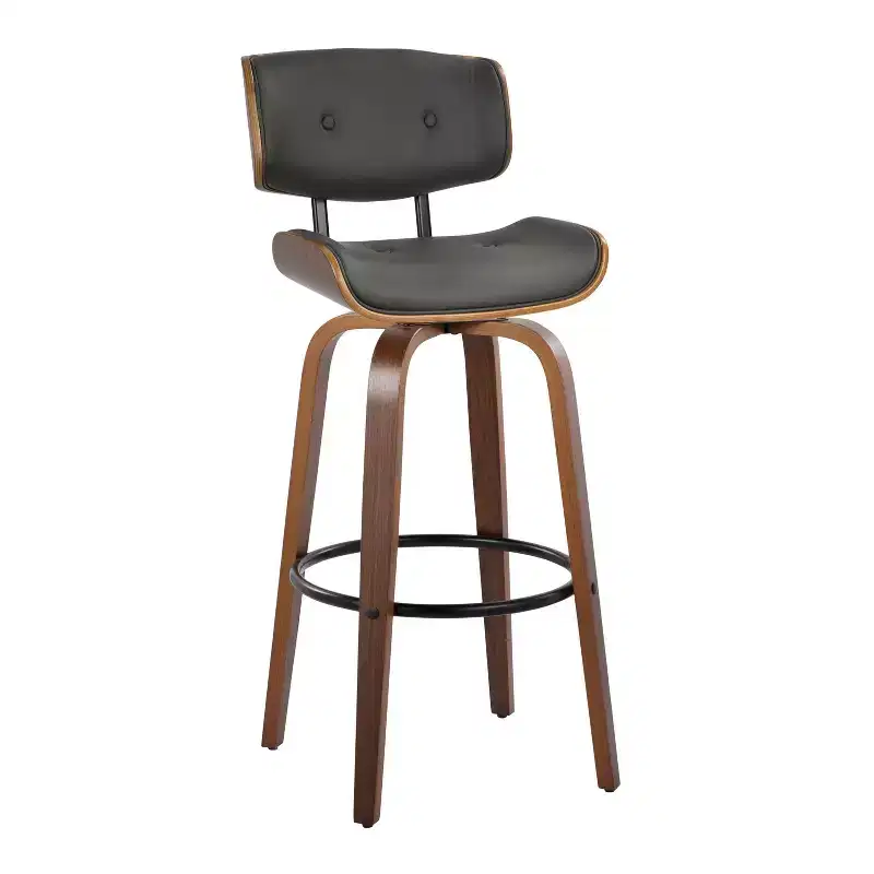 Set of 2 Lombardi Barstools Walnut/Black/Gray PU - LumiSource: Mid-Century Modern, Fixed Height, Footrest