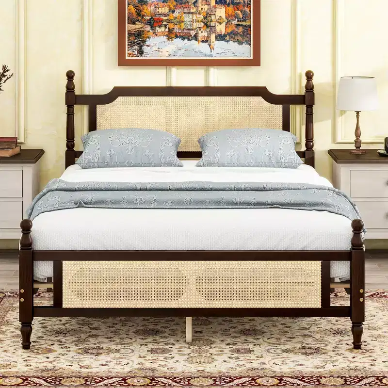 Queen Size Platform with Rattan Headboard and Footboard, Wooden Rattan Bed with Central Enhanced
