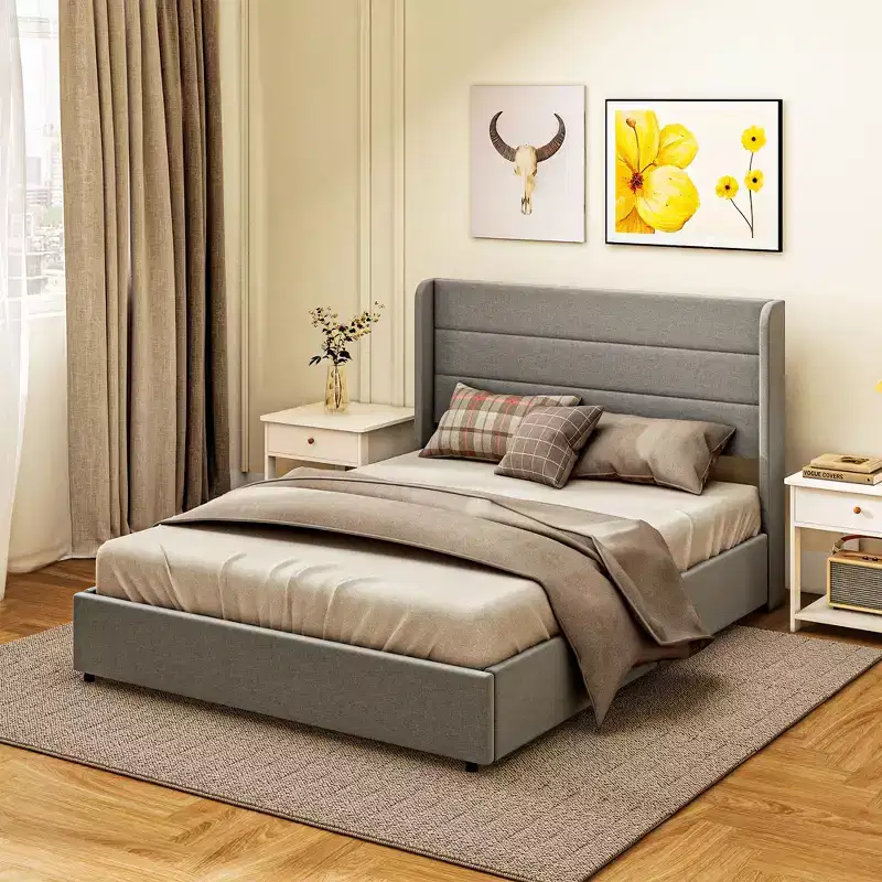 Upholstered Platform Bed Frame with Headboard, Storage Drawers, Wood Slats, Noise-Free, Light Gray