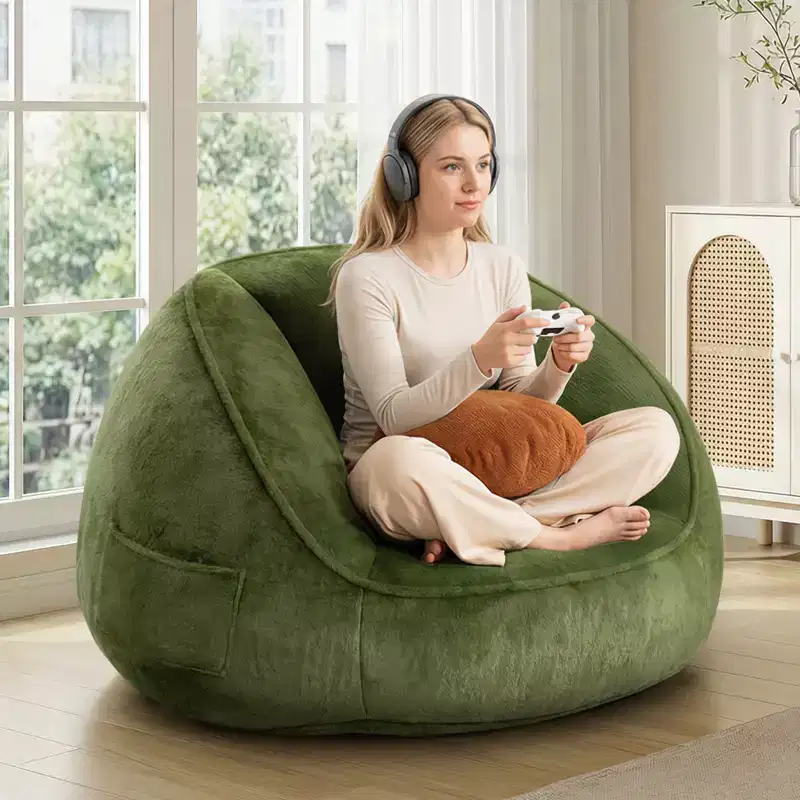 Hommpa Ergonomic Avocado Green Bean Bag Chair with Faux Fur & Memory Foam - Perfect Gift for Adults