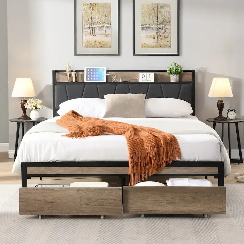 Black+Grey Full Size Metal Bed with Upholstered Storage Headboard and USB