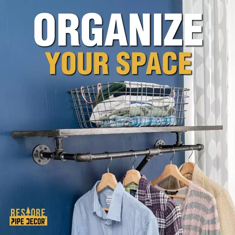 Pipe Decor 36 in. Wall Mounted Clothing Rack with Wood Shelf, Trail Brown