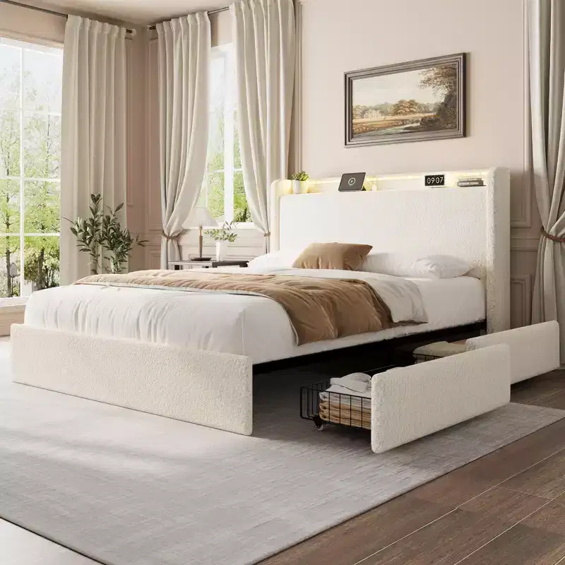COZONY Full/Queen Boucle Bed Frame with Storage Headboard, Charging Station & LED Lights, No Box Spring