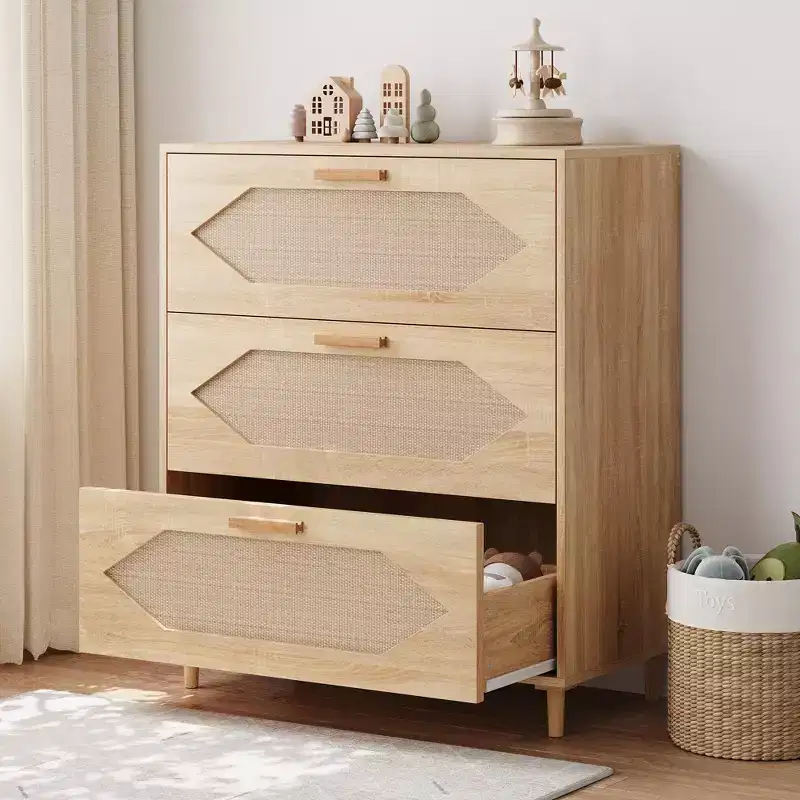 3 Drawer Rattan Dresser with Spacious Storage for Bedroom Living Room Hallway