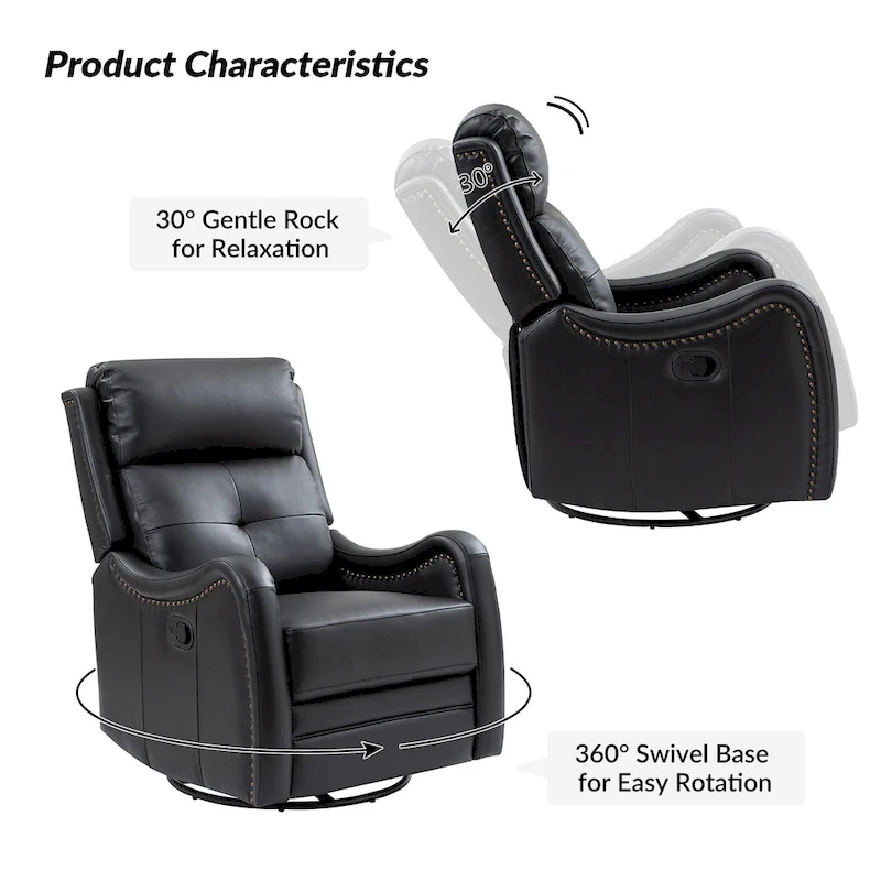 FrancoModern Genuine Leather Swivel Rocker Recliner with Nailhead Trims by HULALA HOME