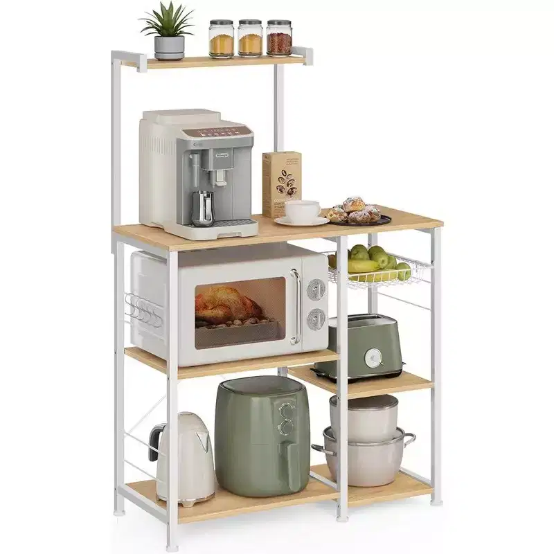 Baker's Rack Microwave Stand, 4 Shelves, Wire Basket, 6 Hooks, Steel, 52.8