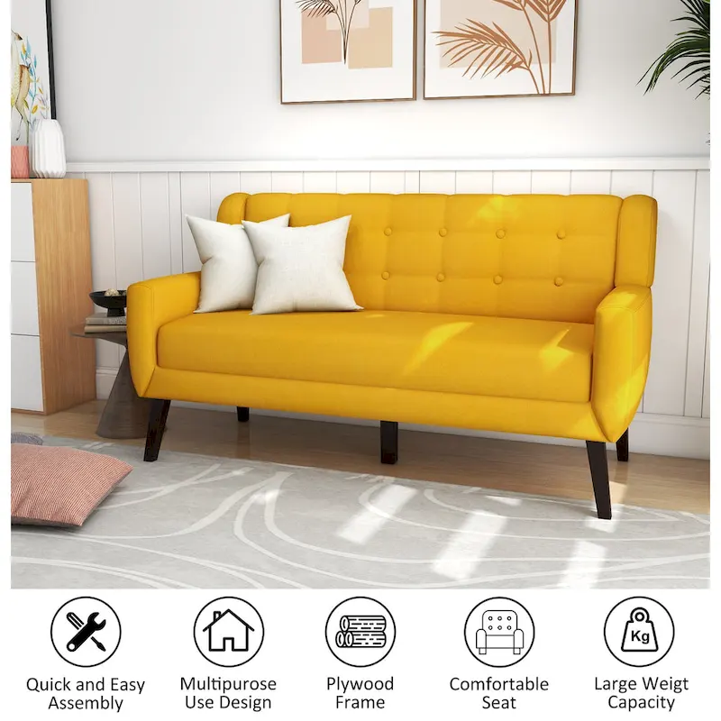 Tufted Linen/Cotton 2-Seater Sofa with Pillows