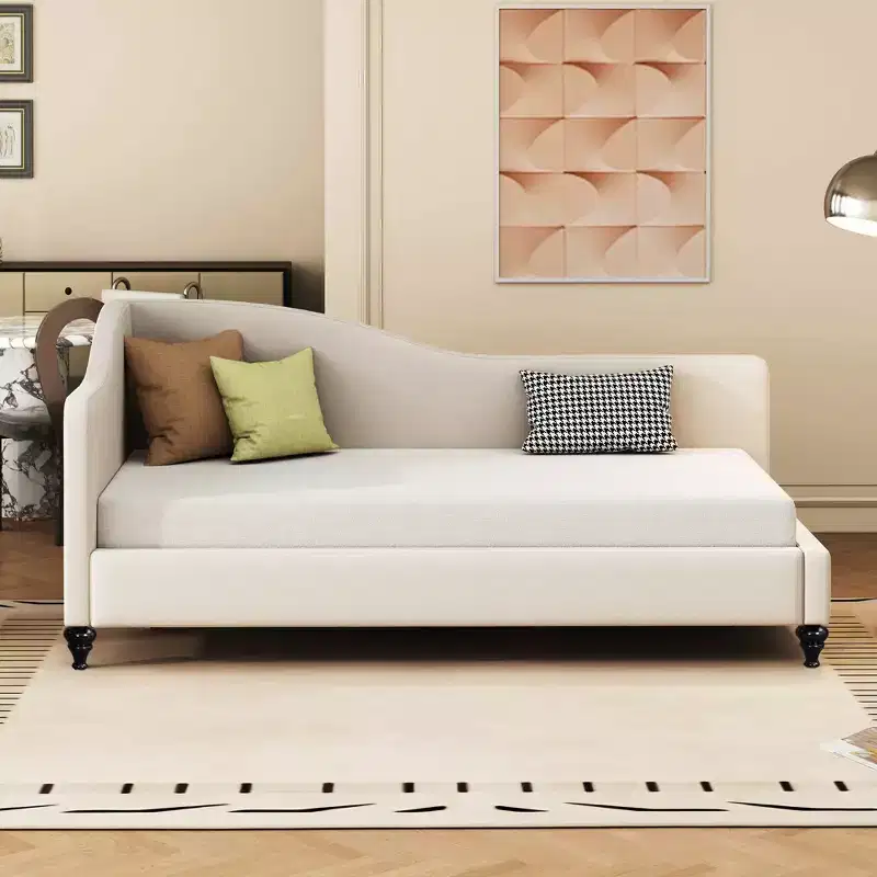 Twin/Full Upholstered L Shaped Daybed, Linen Corner Day Bed Frame with Solid Wood Legs for Living Room