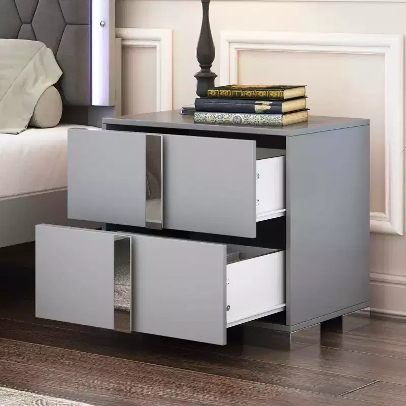 Nightstand with Metal Foot 2 Drawers for Bedroom Living Room Gray