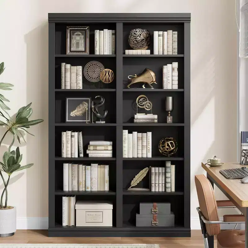 Acekool Bookcase 74.5 in Tall, 6-Tier Double Wide with 12 Cubbies, Extra Large Storage for Living Room Office Library, 46.1 W x 12.4 D