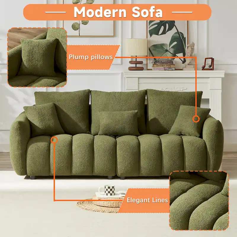 2-Pieces 6-Seat Teddy Fabric Sectional Sofa Set (3+3) with Wooden Frame & 6 Pillows