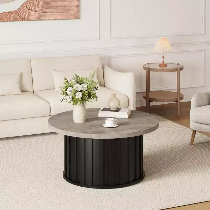 Acekool Modern Round Coffee Table, Fluted Mushroom Shape, MDF Top, Black Metal Base, 31.9, Easy Assembly