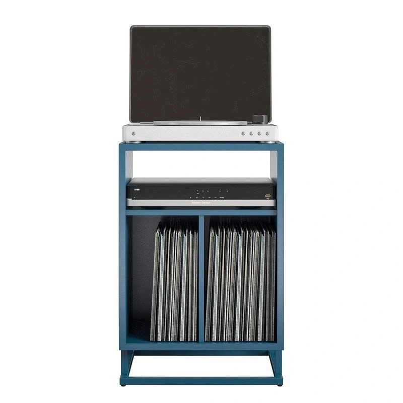 Blue / Walnut Turntable Stand with 3 Open Cubbies and Metal Base for 1–2 Person
