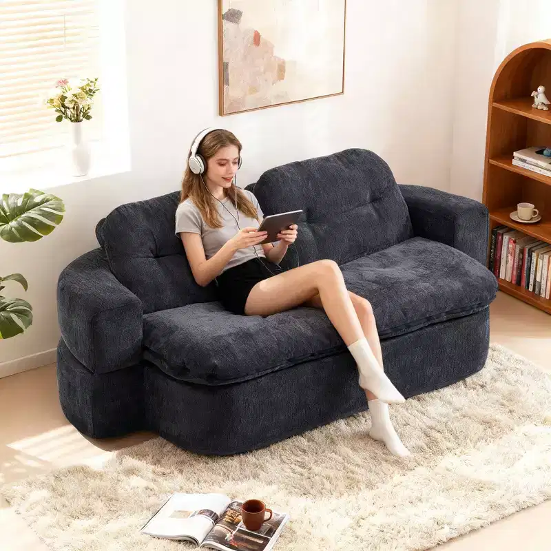 Convertible Chenille Fabric Floor Futon Sofa with Comfy Backrest & Pillows, Living Room & Bedroom