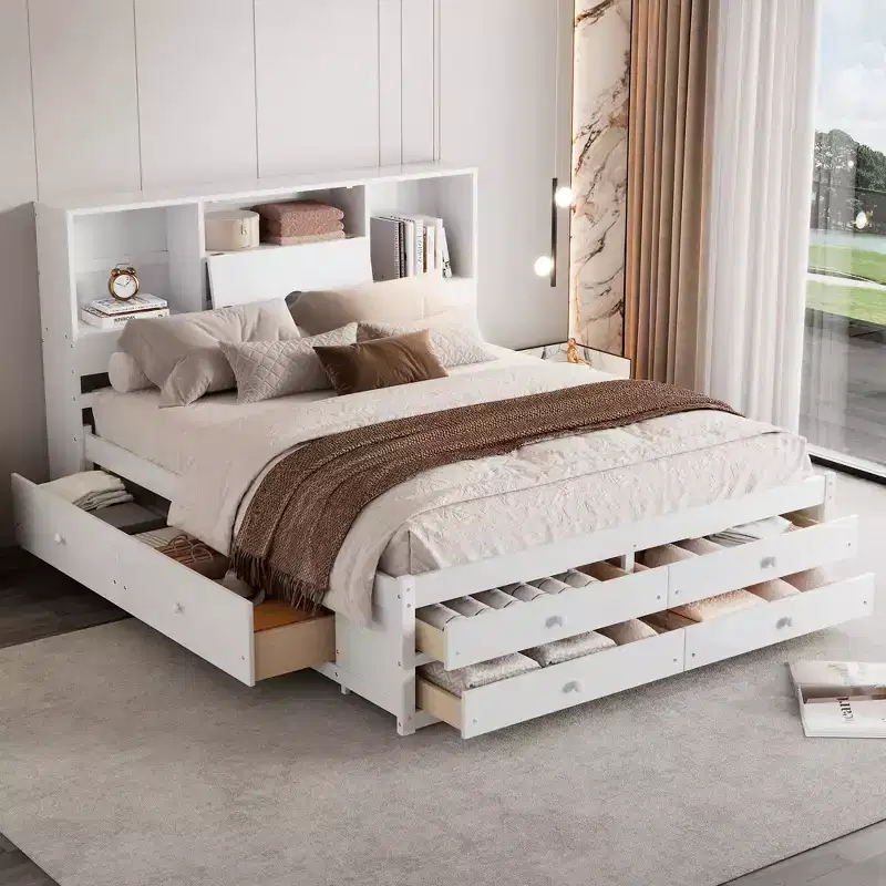 Queen Size Platform Bed with Storage Shelf and 8 Drawers, Easy Assembly