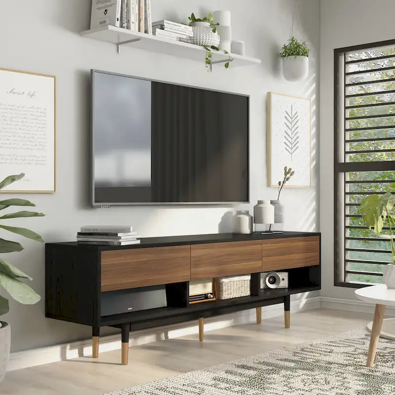 Mid-Century Modern Black 71-inch 3-Shelf TV Console
