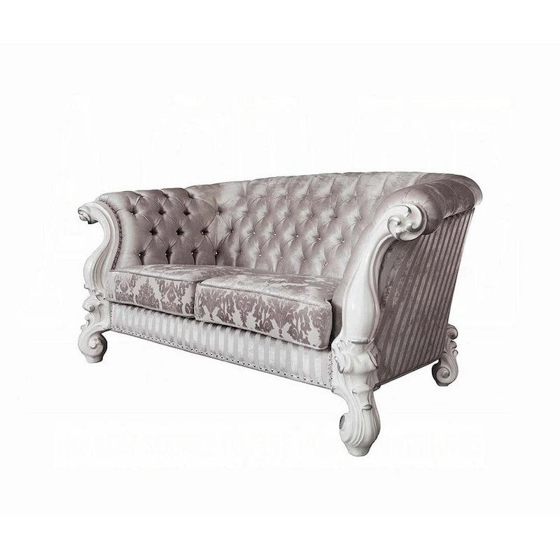 Kai Loveseat, 5 Pillows, Tufted Ivory Fabric, Scrolled, White, 76 Inch