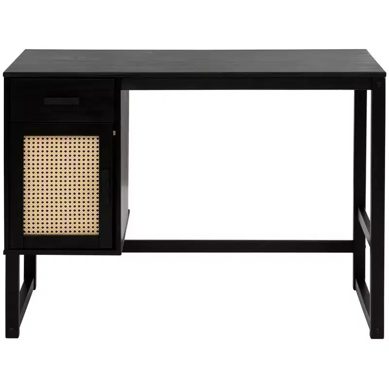 Country Style Desk with Closed Storage and Drawer, Rattan Door Fronts