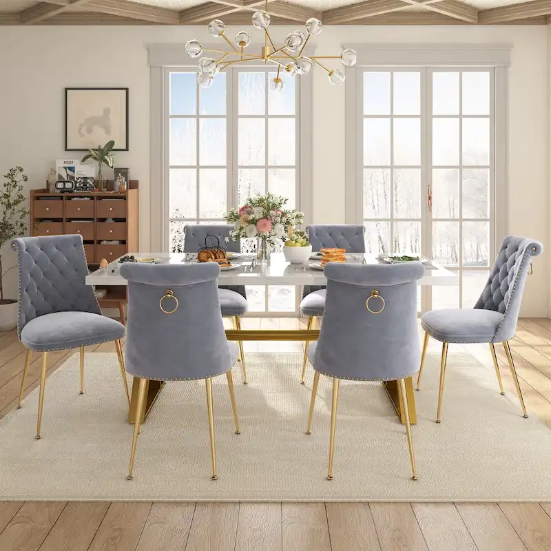 7-Piece Clihome Marble Dining Table with Velvet Chair Dining Chair