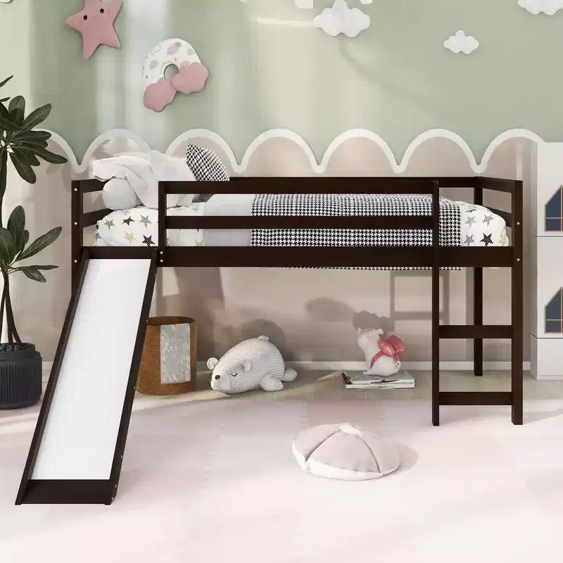 Twin Size Solid Wood Low Loft Bed with Slide, Ladder & Guardrails, Minimalist Bed Frame for Kids