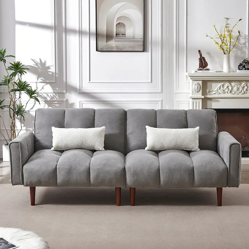 Convertible Futon Sofa Bed, Adjustable Couch Sleeper, Modern Fabric Linen Upholstered Futon Sofa bed with 2 Pillows