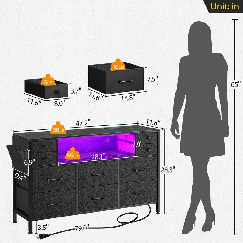 Dresser with Power Outlets and LED Lights