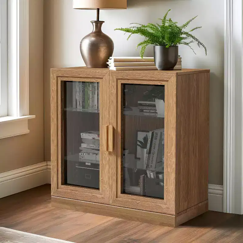 31 in Wood Storage Cabinet with 2 Glass Doors and Adjustable Shelf, for Kitchen, Bedroom, Living Room, Natural