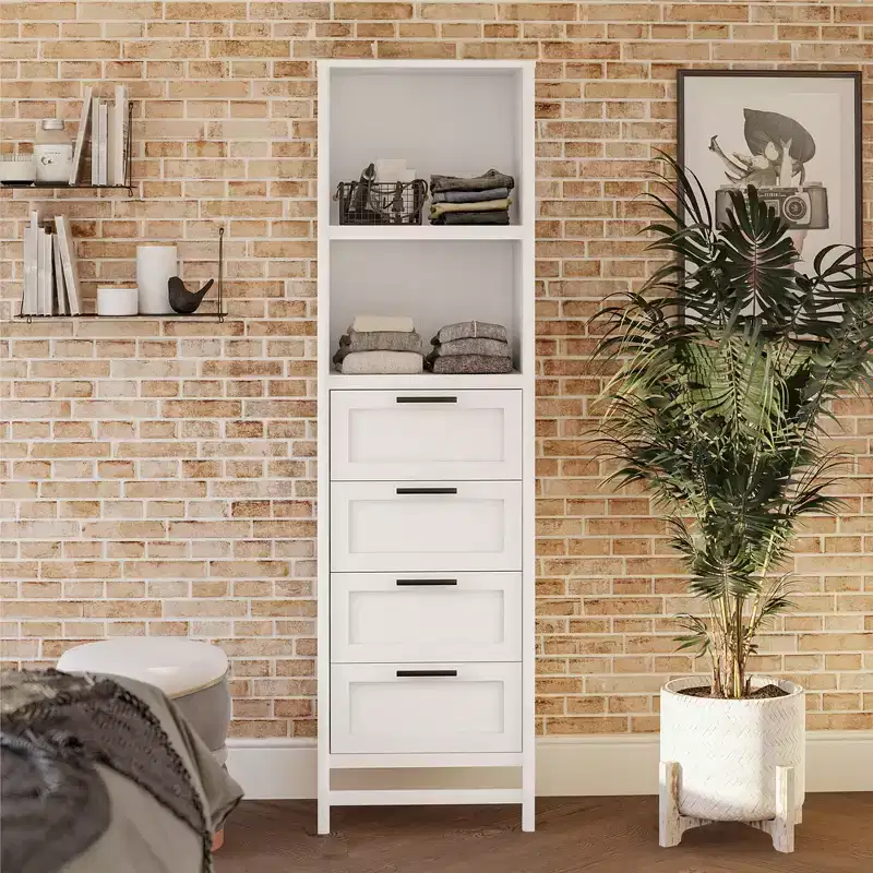 4-Drawer/3 Adjustable Clothing Rod Closet Tower, Ivory Oak