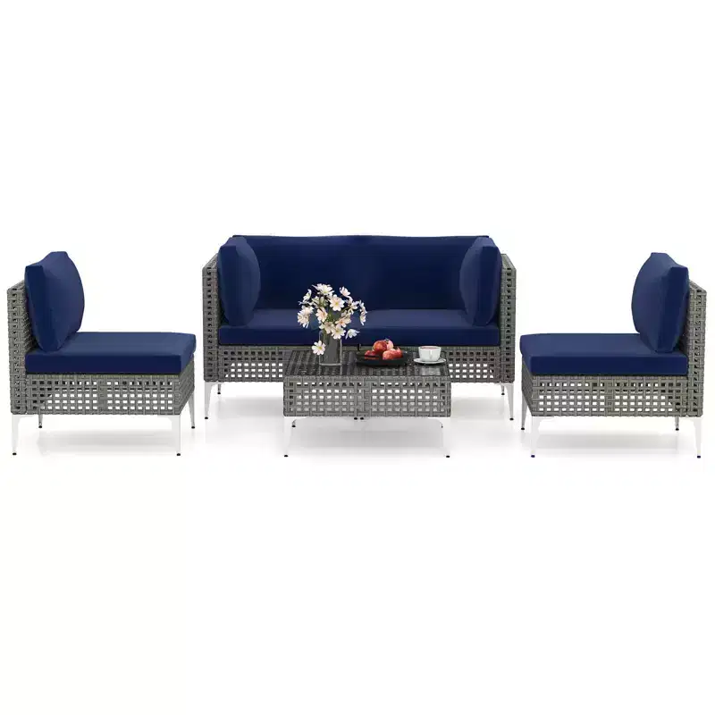 Costway 5 PCS Outdoor Furniture Set with Seat & Back Cushions Tempered Glass Coffee Table Navy/Gray