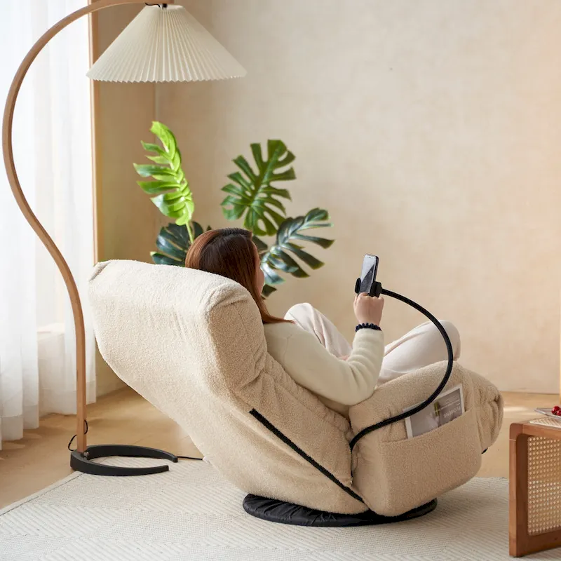 Upholstered 360 Swivel Manual Leisure Recliner with Mobile Phone Holder, Adjustable Headrest and Backrest