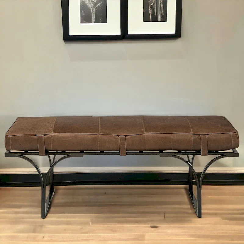 Genuine Leather Upholstered Bench with Black Metal Legs – Brown, 55