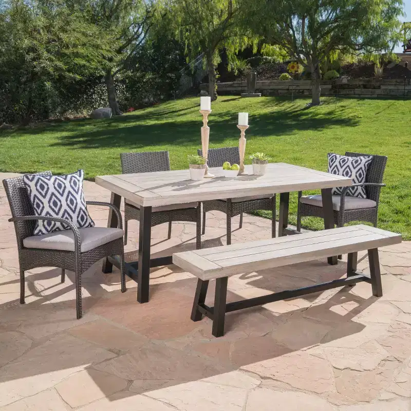 Luster 6pc Acacia Wood and Wicker Dining Set - Light Gray/Gray - Christopher Knight Home: Weather-Resistant, Galvanized Steel Hardware